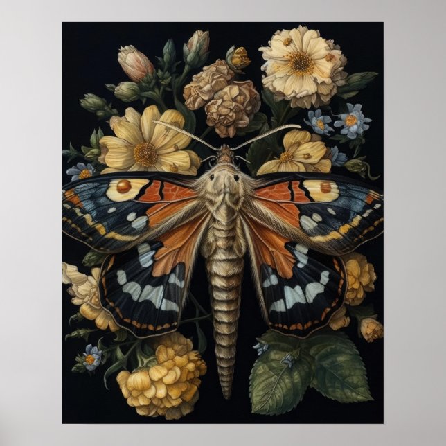 Gothic Moth And Flowers Art Print Poster (Front)