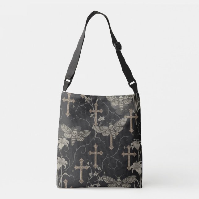 Gothic Moth & Cross Damask Tote Bag – Dark Vintage (Back)