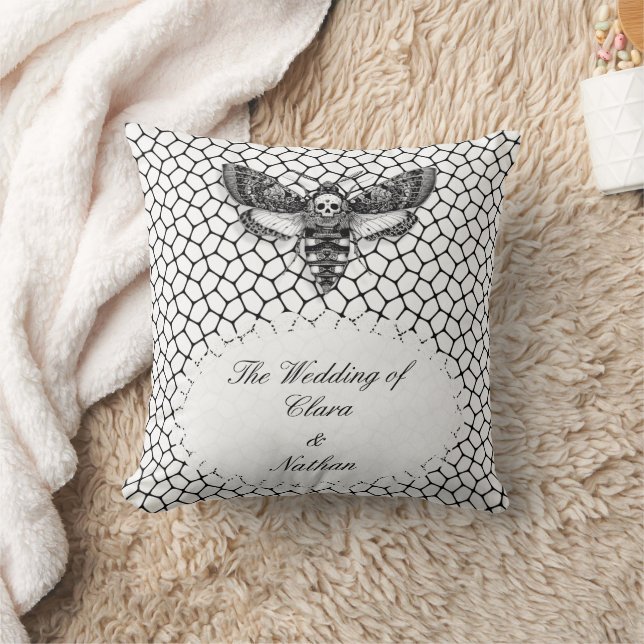 Gothic Moth Skull Throw Pillow – Black & White (Blanket)