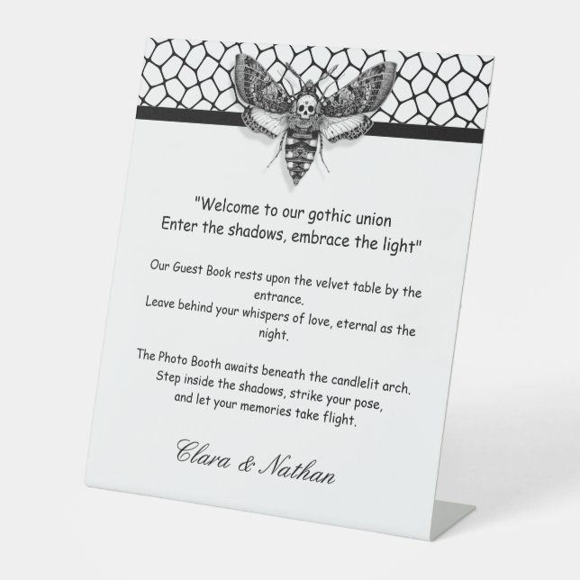 Gothic Moth Skull Wedding [ Black & white Pedestal Sign (Front)