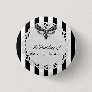 Gothic Moth Skull Wedding Button – Black & White