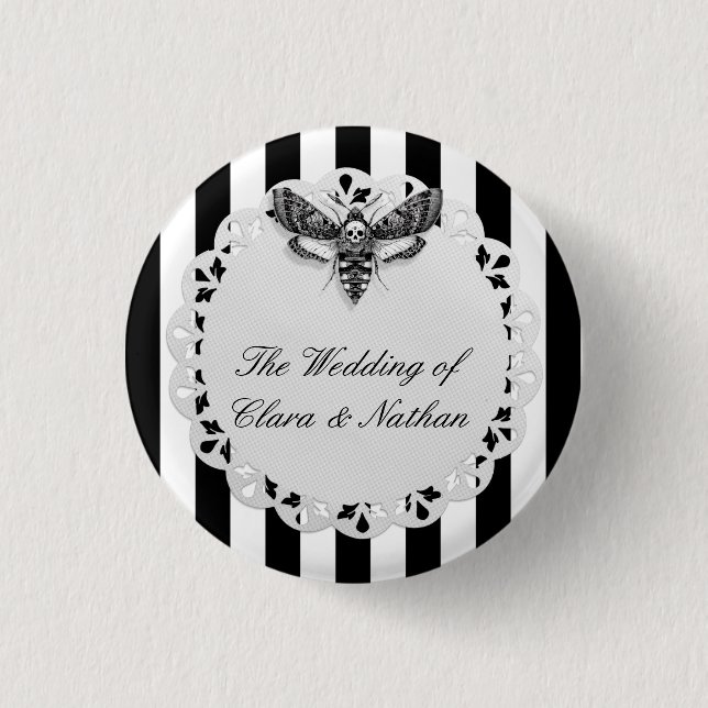 Gothic Moth Skull Wedding Button – Black & White (Front)