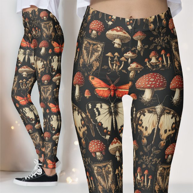 Gothic Mushroom Specimen Dark Academia Red Moth Leggings (Creator Uploaded)