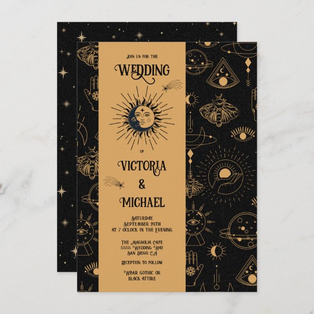 Gothic Mystical Moon Stars Moth Dark Wedding Invit Invitation (Front/Back)
