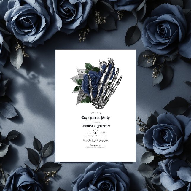Gothic Navy Blue Roses & Skeleton Hand Engagement Invitation (Navy Blue Floral Gothic Engagement Party Invitation)