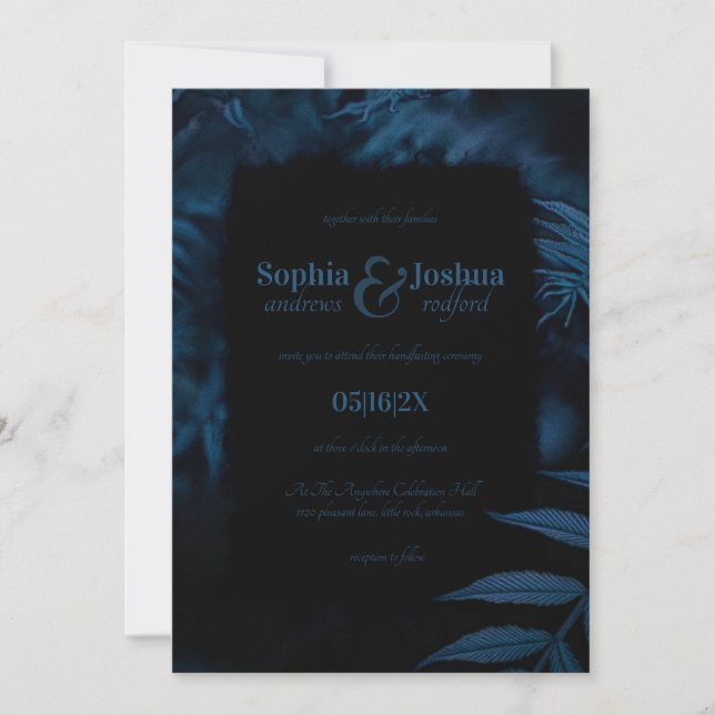 Gothic Navy Blue Wedding Dark Leaves Handfasting Invitation (Front)