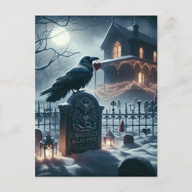 Gothic Nevermore Raven on Poe Gravestone Christmas Postcard (Front)