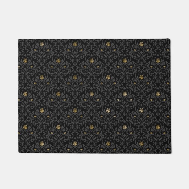 Gothic Nursery Black Rose Damask Rug Mat (Front)