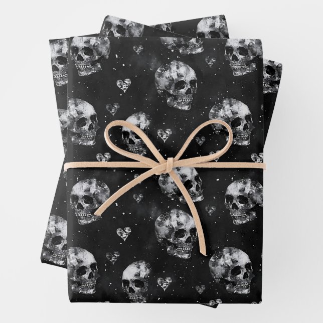 Gothic Occult Skulls with Hearts Wrapping Paper Sheet (In situ)