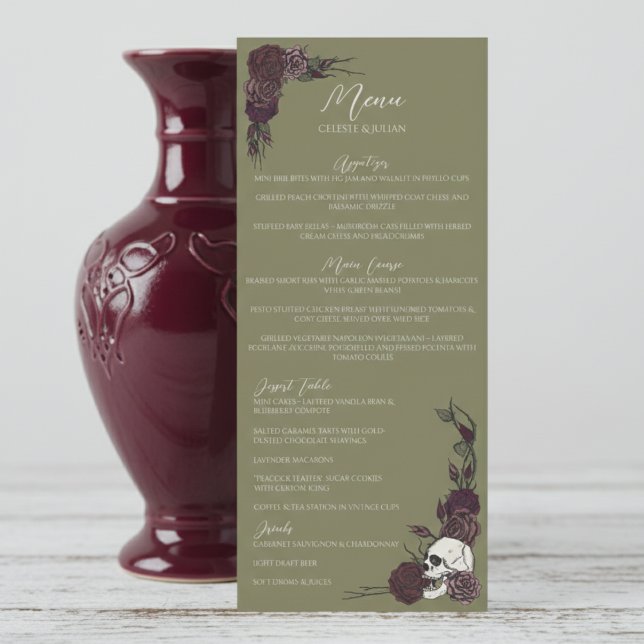Gothic Olive Green Dark Floral Wedding Menu (Elegant Gothic Olive Gree Dark Floral Skull and Roses Wedding Menu for Hallowedding or Gothic Dinner)