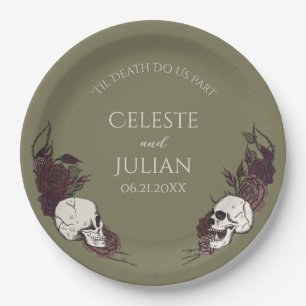 Gothic Olive Green Floral Skull Wedding Paper Plate