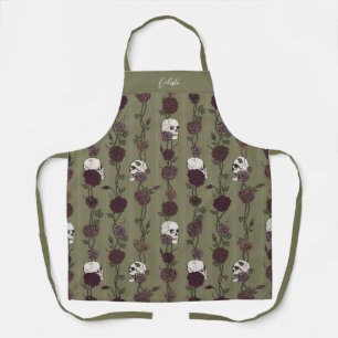 Gothic Olive Green Floral Skulls Apron