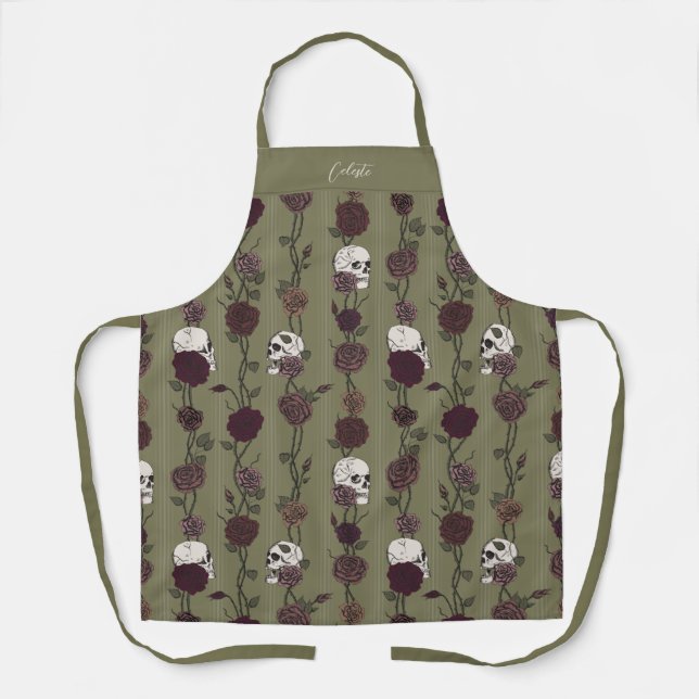 Gothic Olive Green Floral Skulls Apron (Front)