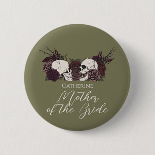 Gothic Olive Green Skull & Rose Wedding Party 6 Cm Round Badge
