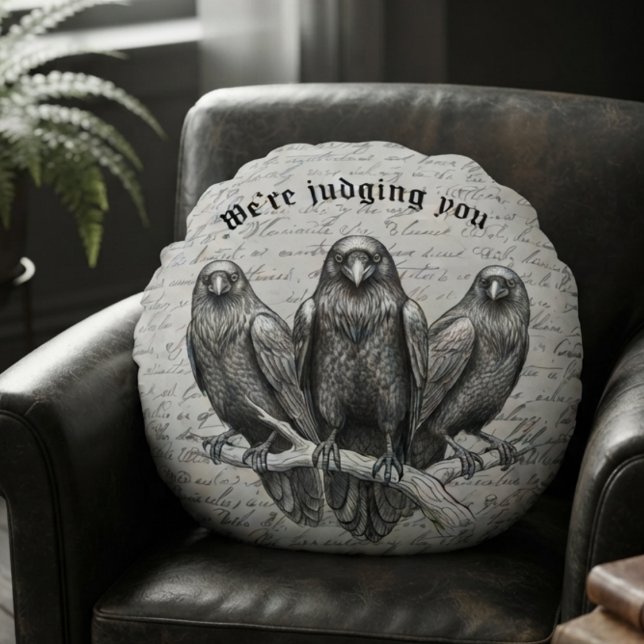 Gothic Onyx Raven Haunting Decor Round Cushion (Three vintage ravens round throw pillow for dark academia fans and autumn home decor.)