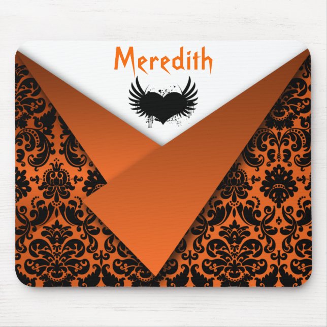 Gothic Orange and Black Damask Mousepad (Front)