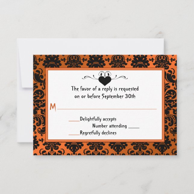 Gothic Orange and Black Damask RSVP Card (Front)