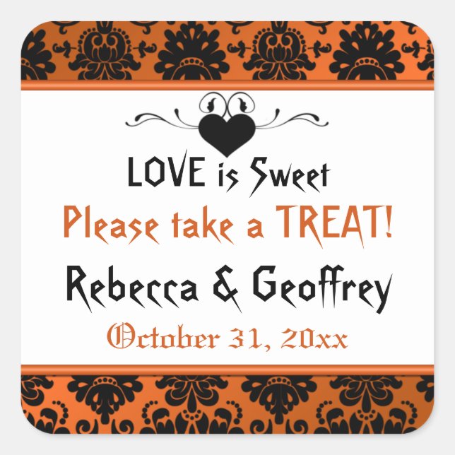 Gothic Orange, Black Scroll Heart Wedding Sticker (Front)