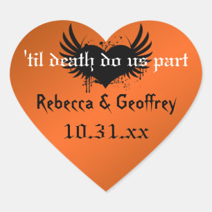 Gothic Orange, Black Winged Heart Wedding Sticker