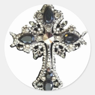 GOTHIC ORNATE CRYSTAL CROSS PRINT CLASSIC ROUND STICKER
