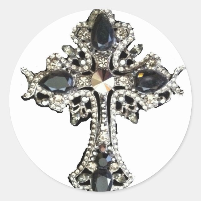 GOTHIC ORNATE CRYSTAL CROSS PRINT CLASSIC ROUND STICKER (Front)