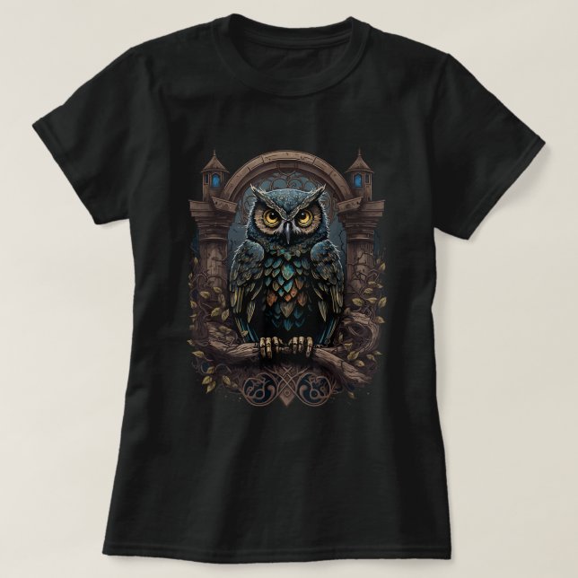 Gothic Owl Moon Phase Witchcraft Enthusiasts T-Shirt (Design Front)