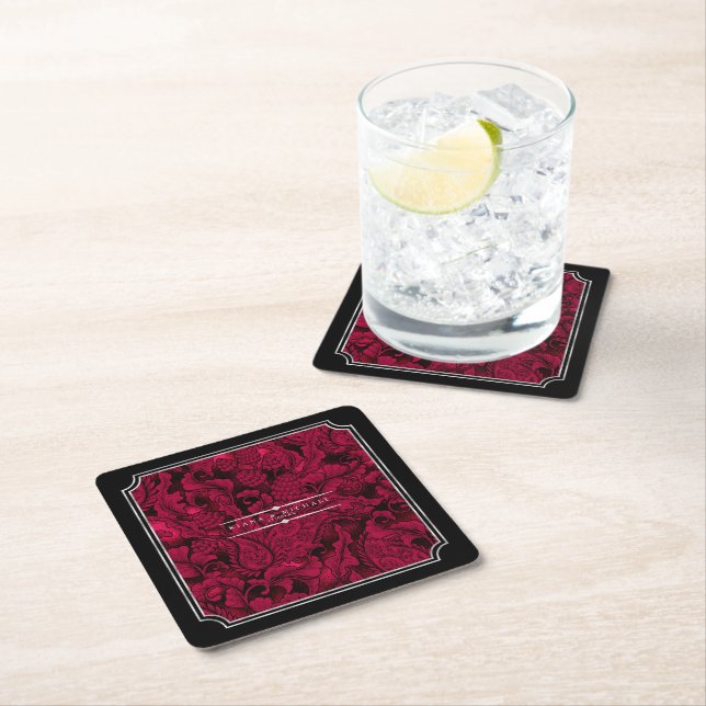 Gothic Paisley Frame Burgundy ID866 Square Paper Coaster (Insitu)