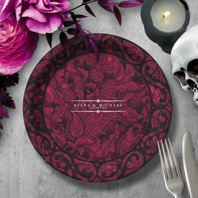 Gothic Paisley Scrollwork Frame Burgundy ID866 Paper Plate (Creator Uploaded)