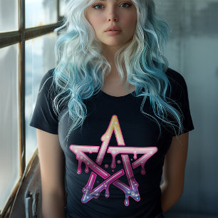 Gothic Pastel Pink Dripping Pentagram Cyber Rave Plus Size T-Shirt