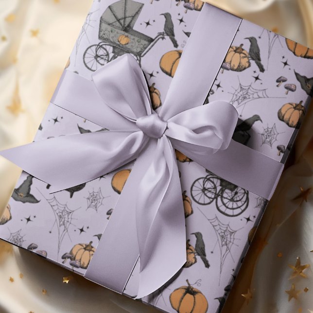 Gothic Pastel Purple Baby Carriage Halloween Wrapping Paper (Hand-Drawn Victorian Baby Carriages, Pumpkins, Witch Hats, Crows, Spiderwebs and Tiny Mushrooms.)