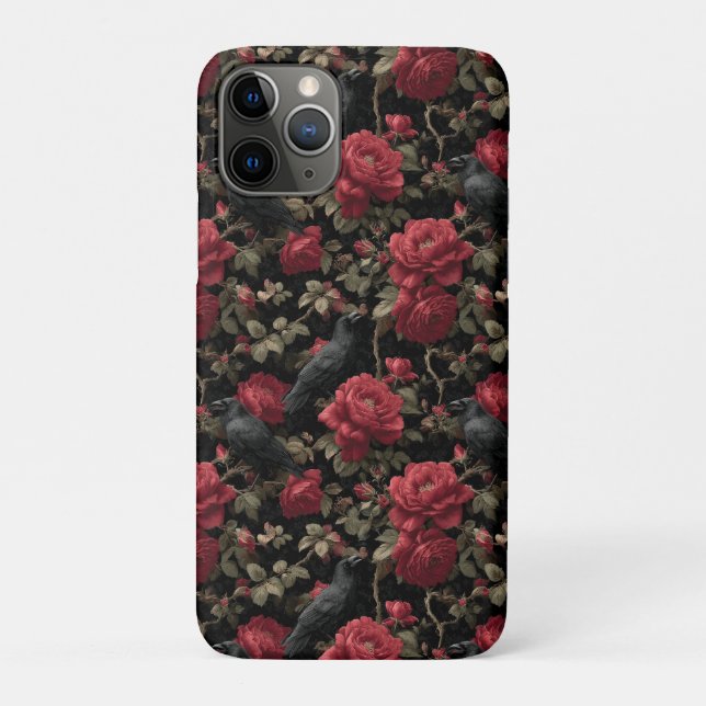Gothic Pattern with Red Roses and Crows Case-Mate iPhone Case (Back)