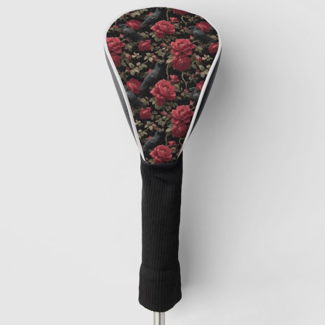 Gothic Pattern with Red Roses and Crows Golf Head Cover (Front)