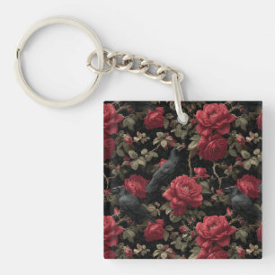 Gothic Pattern with Red Roses and Crows Key Ring