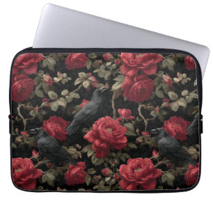Gothic Pattern with Red Roses and Crows Laptop Sleeve