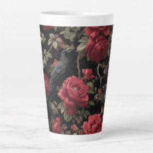 Gothic Pattern with Red Roses and Crows Latte Mug