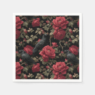 Gothic Pattern with Red Roses and Crows Napkin
