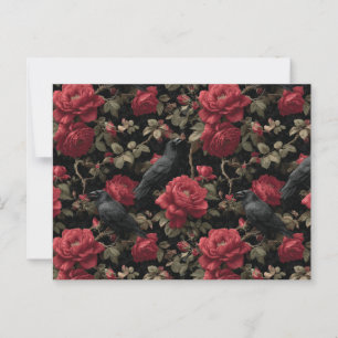 Gothic Pattern with Red Roses and Crows Postcard