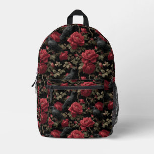 Gothic Pattern with Red Roses and Crows Printed Backpack