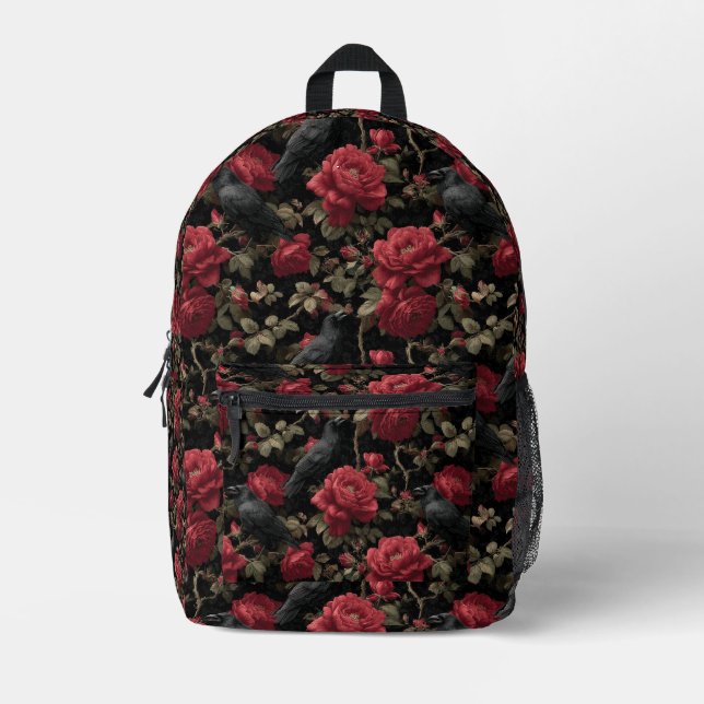 Gothic Pattern with Red Roses and Crows Printed Backpack (Front)