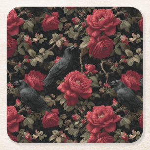 Gothic Pattern with Red Roses and Crows Square Paper Coaster