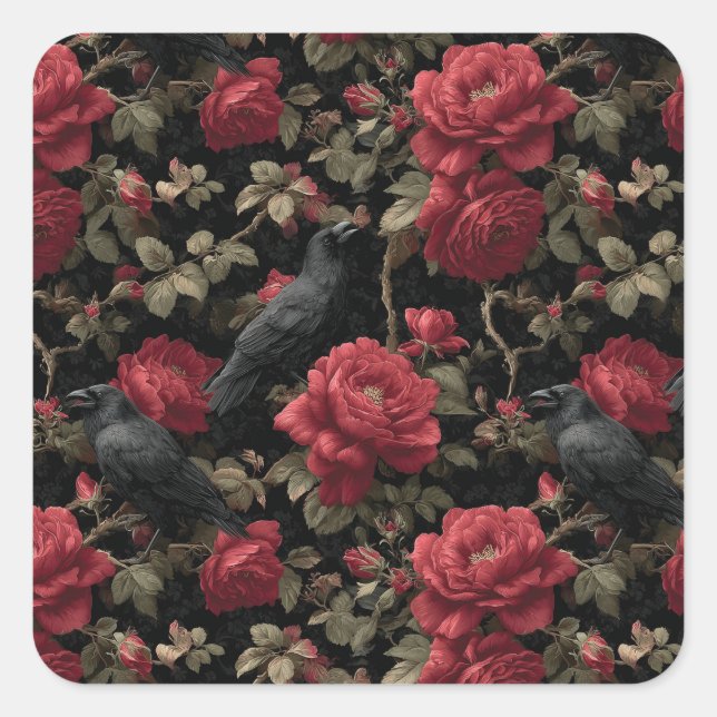 Gothic Pattern with Red Roses and Crows Square Sticker (Front)