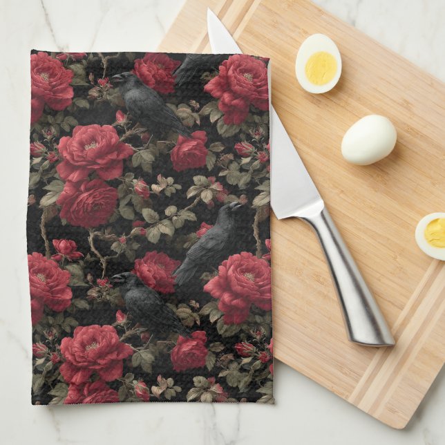 Gothic Pattern with Red Roses and Crows Tea Towel (Quarter Fold)