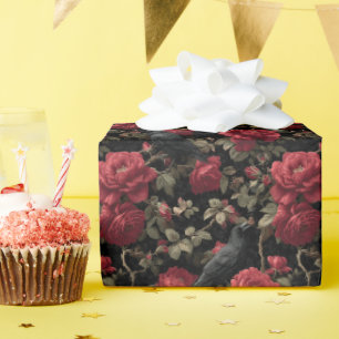 Gothic Pattern with Red Roses and Crows Wrapping Paper