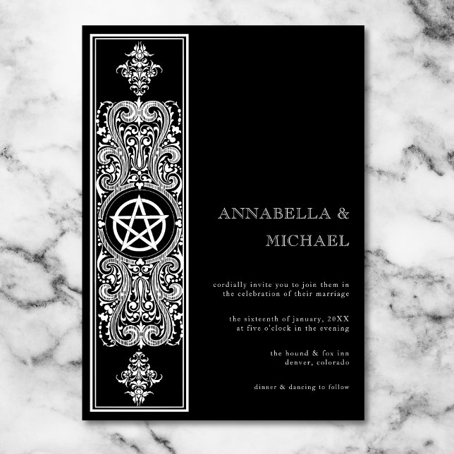 Gothic Pentagram Star Black White Wedding Invitation (Gothic Pentagram Star Black White Wedding Invitation)