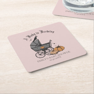 Gothic Pink A Baby is Brewing Fall Baby Shower Square Paper Coaster