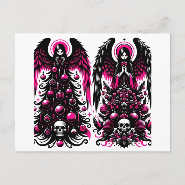 Gothic Pink and Black Angel Christmas Trees Postcard (Front)