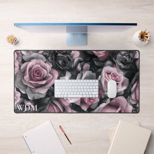Gothic Pink and Black Roses Monogram  Desk Mat (Office 1)