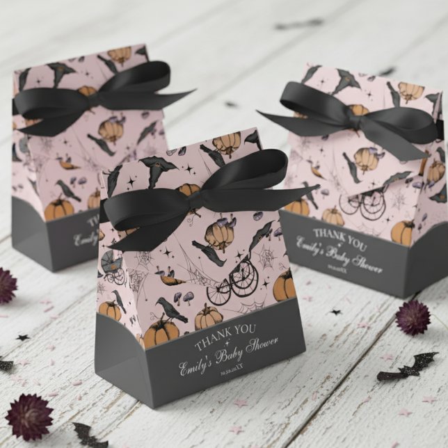 Gothic Pink Baby Carriage Baby Shower Thank You Favour Box (Gender Neutral Gothic Pink Halloween Baby Shower Favor Boxes. Vintage Baby Carriage, Black Raven)