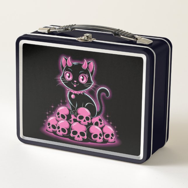 Gothic Pink Devil Cat Metal Lunch Box (Front)