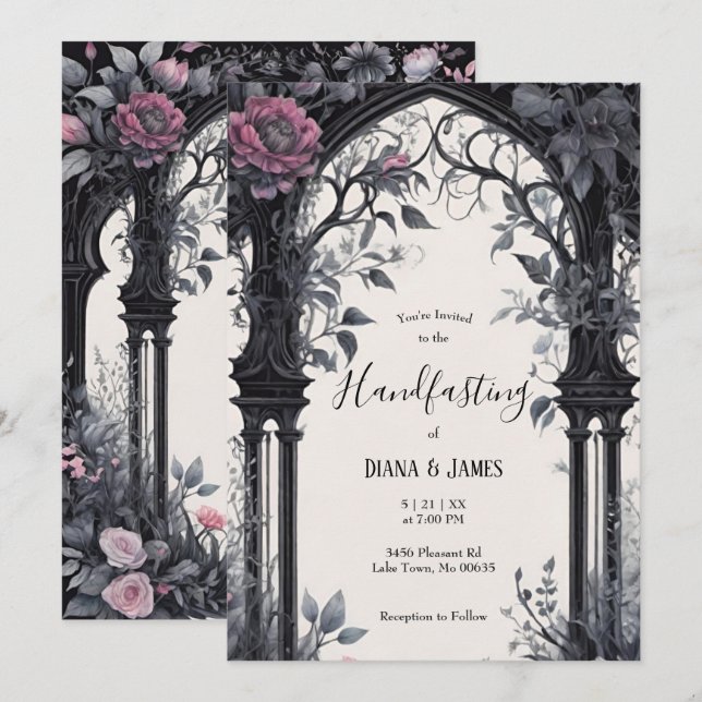Gothic Pink Floral Garden Gate Pagan Handfasting Invitation (Front/Back)